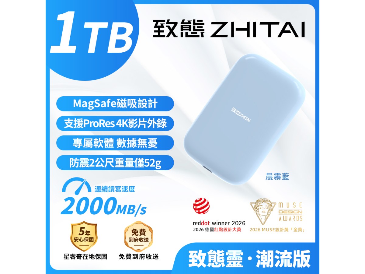 致態靈·潮流版SPIRIT NEO 外接SSD 1TB 晨霧藍 讀2000 Type-C Type-A MagSafe磁吸 防