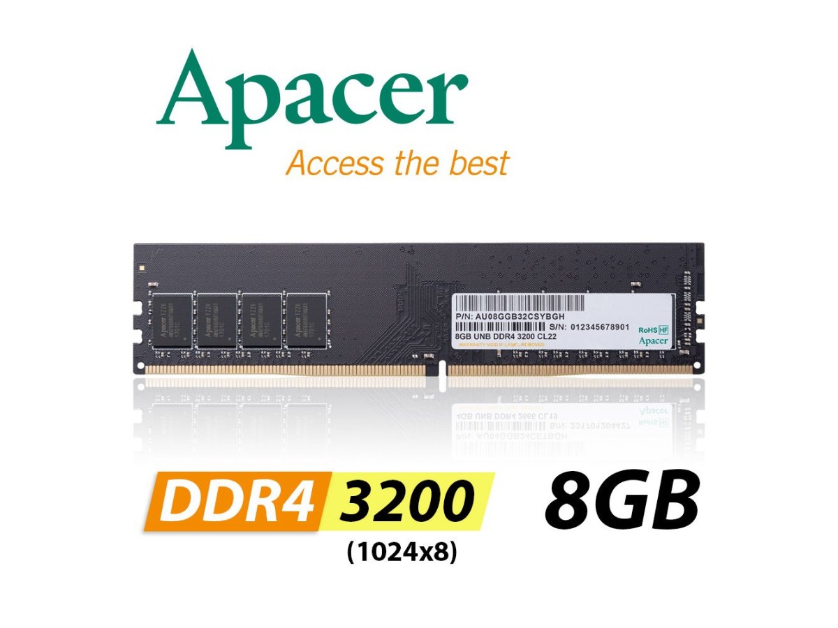 Apacer PC DDR4 UDIMM 3200-22 8GB RP(桌上型單面)-1024*8