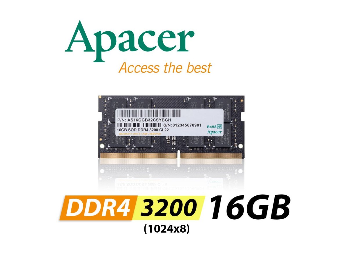 Apacer NB DDR4 SODIMM 3200-22 16GB RP(筆電用雙面)-1024*8